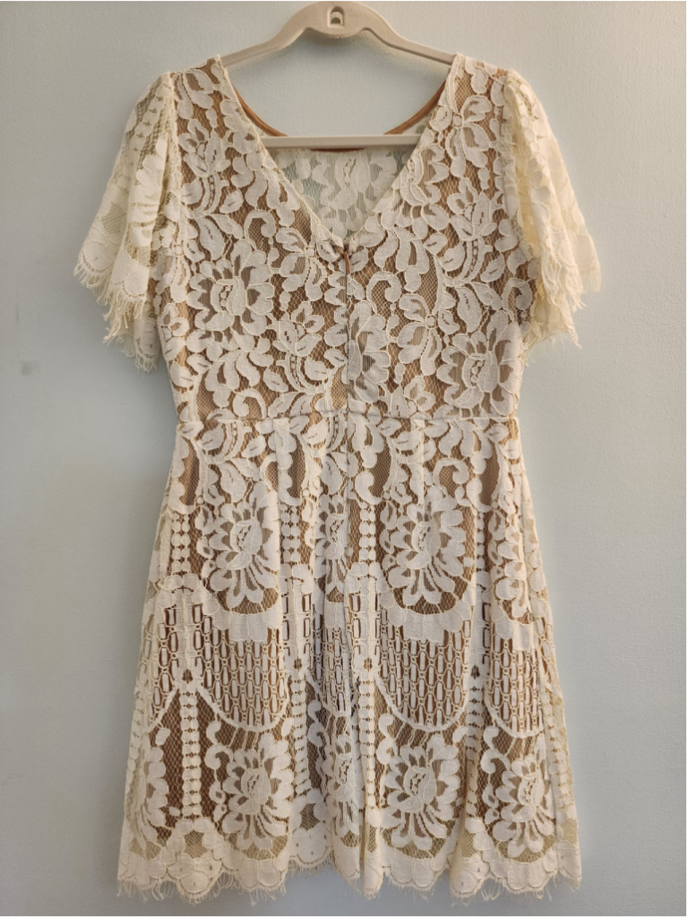 Lulus Pearson White Cream Lace Mini Dress Short Sleeve Nude Lining Wedding - Picture 5 of 16